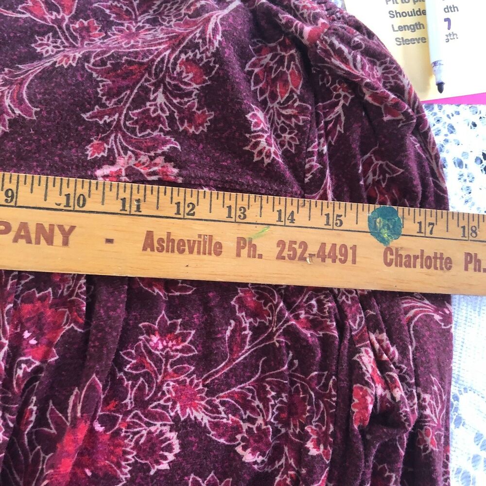 Knox Rose Women's L Knit V-Neck Button Up Top Burgundy Floral Boho - Picture 12 of 14